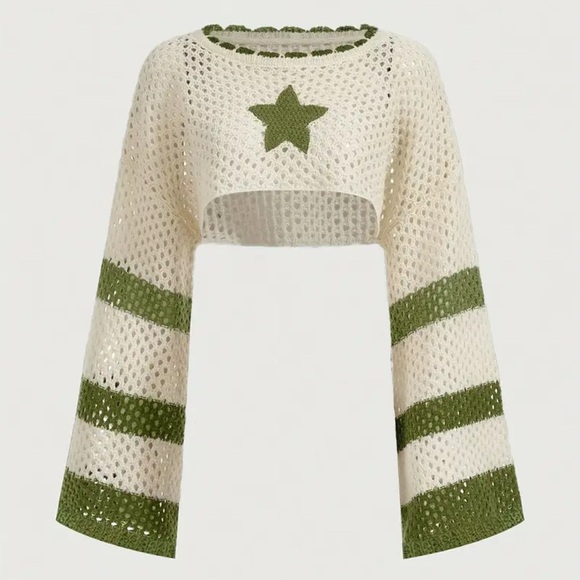 The Real Clean Company Sweaters - Star Crochet Cropped Pullover Sweater Top Green/ Cream Size M